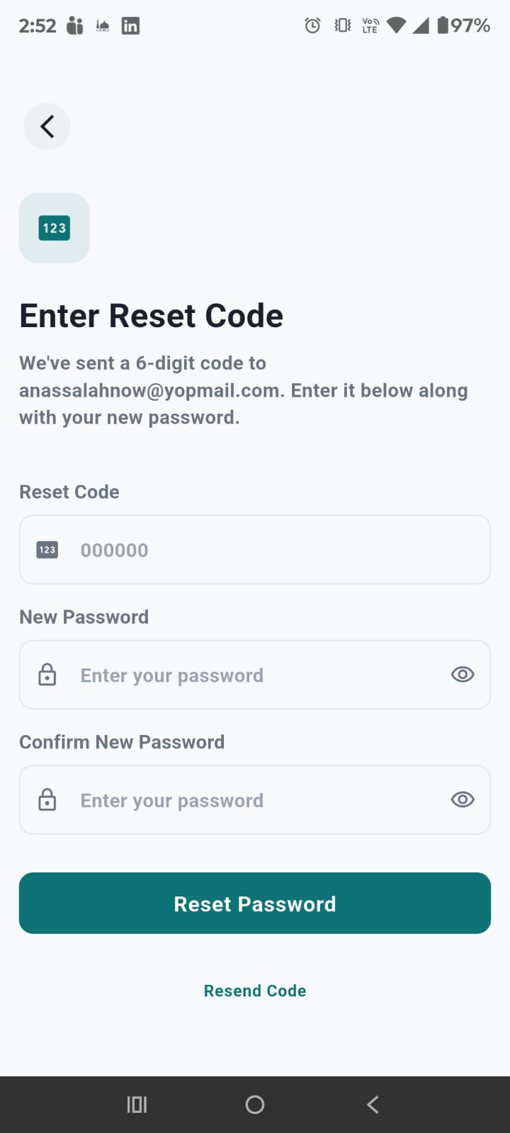Enter Reset Code